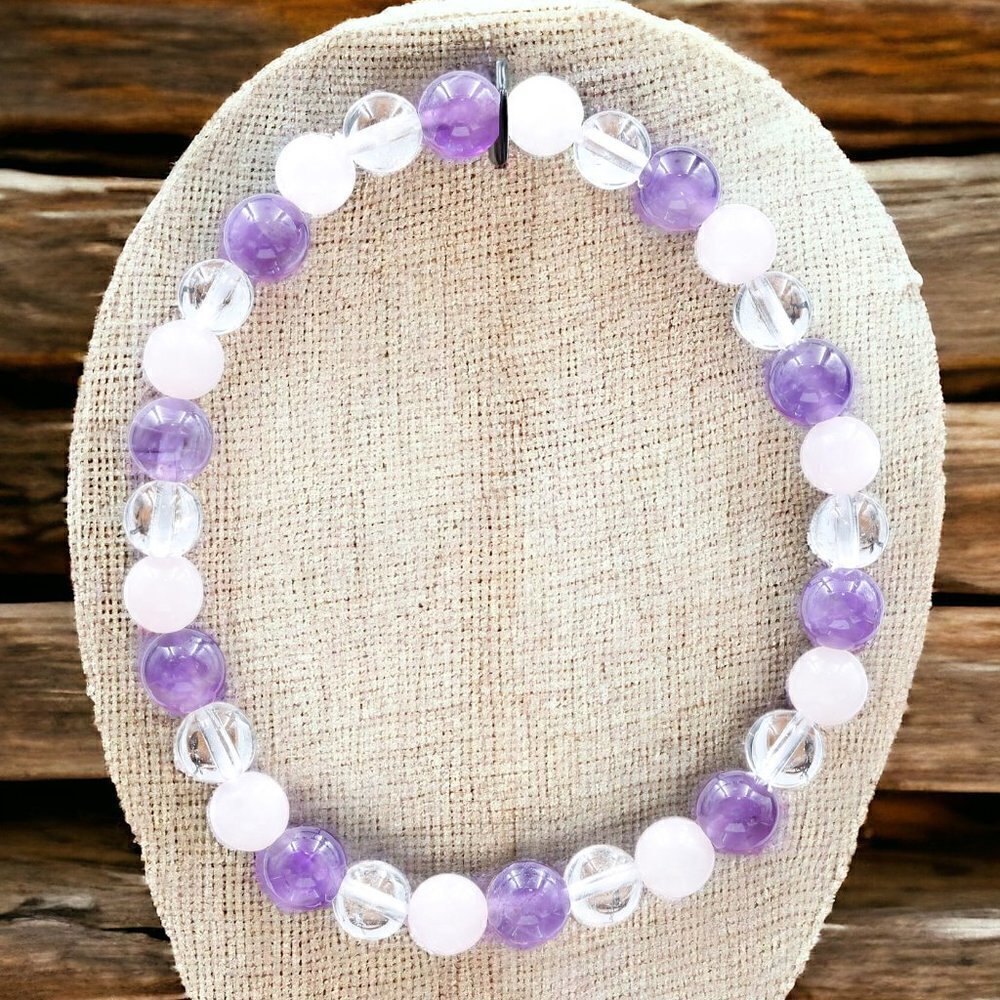 Amethyst Rose Quartz Clear Quartz Gemstone Bracelet Purple Pink | Handmade - Picture 4 of 5